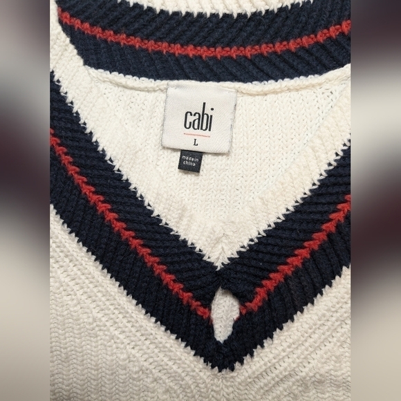Cabi White Ribbed V-Neck Bell Sleeve Ace Pullover Sweater Preppy Classic - Picture 10 of 12
